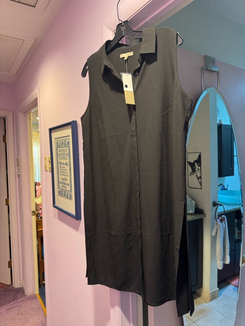 NWT! Joan Vass Size L Black Sleeveless Collared Tunic